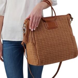 HOBO Sheila Natural Raffia Leather Large Satchel Crossbody Convertible Purse
